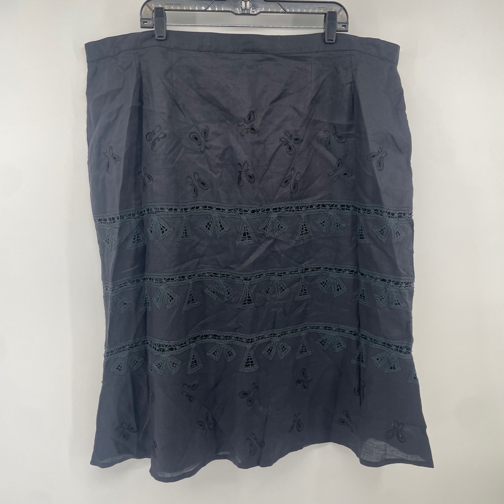 Ann Gerlin Midi Skirt Womens 24W‎ Black 100% Linen Embroidered Eyelet Lace Boho